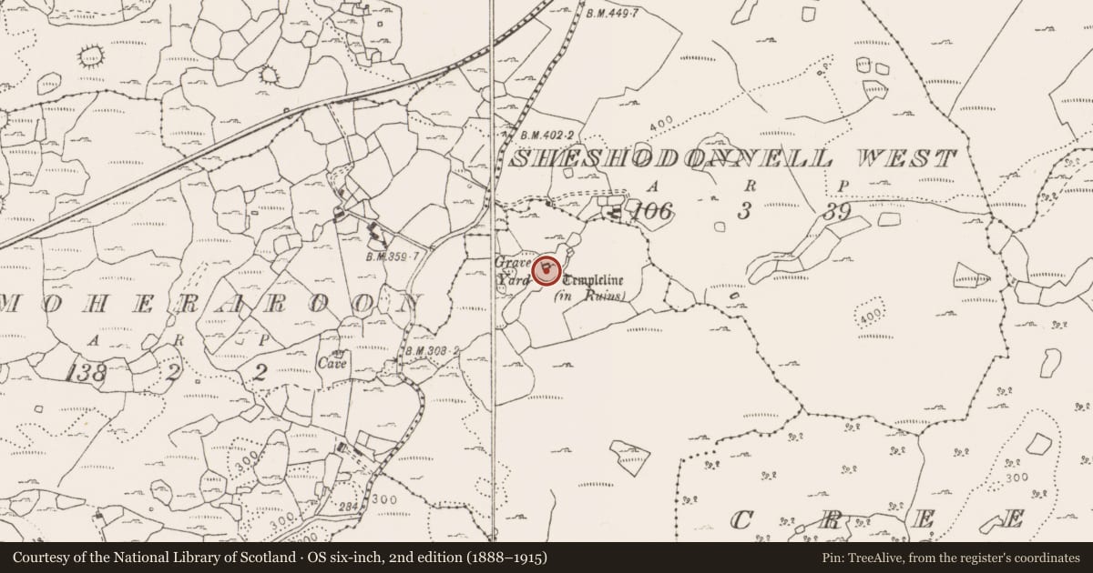 Ordnance Survey six-inch map, 2nd edition (1888–1915) covering the location of Church, Ballyline, County Clare, with a pin at the register's coordinates