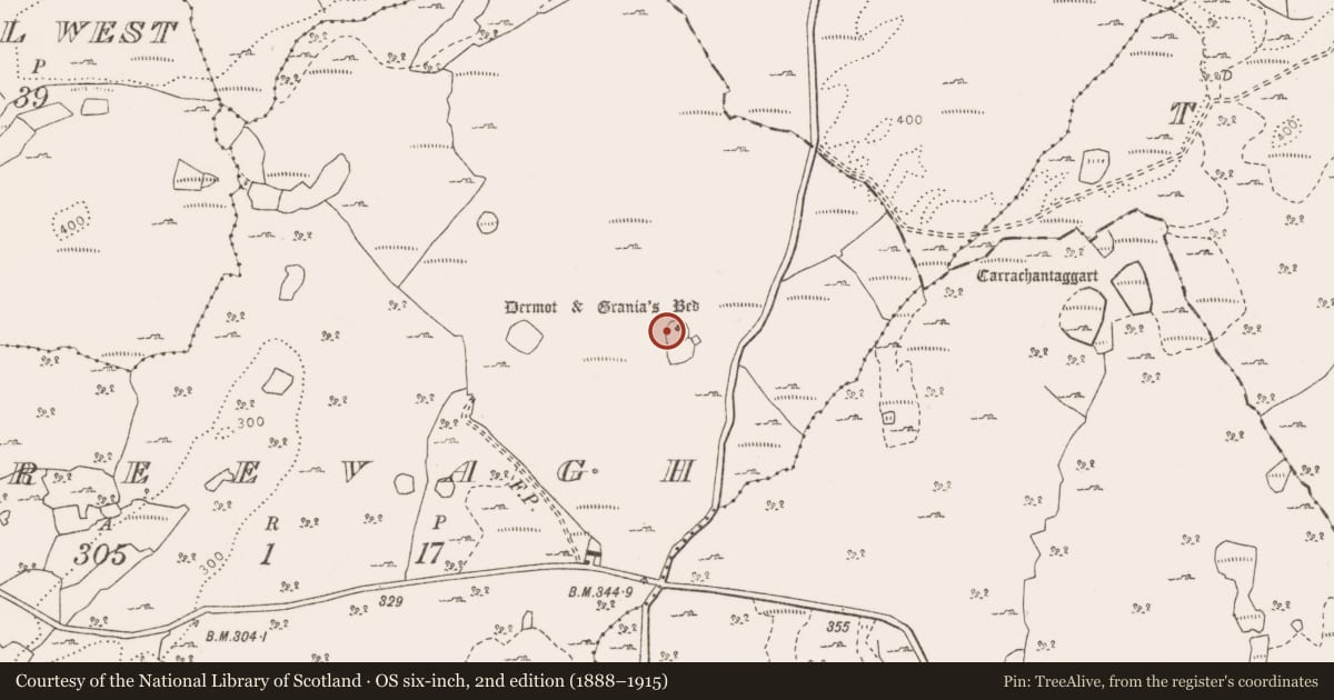 Ordnance Survey six-inch map, 2nd edition (1888–1915) covering the location of Hut site, Creevagh, County Clare, with a pin at the register's coordinates
