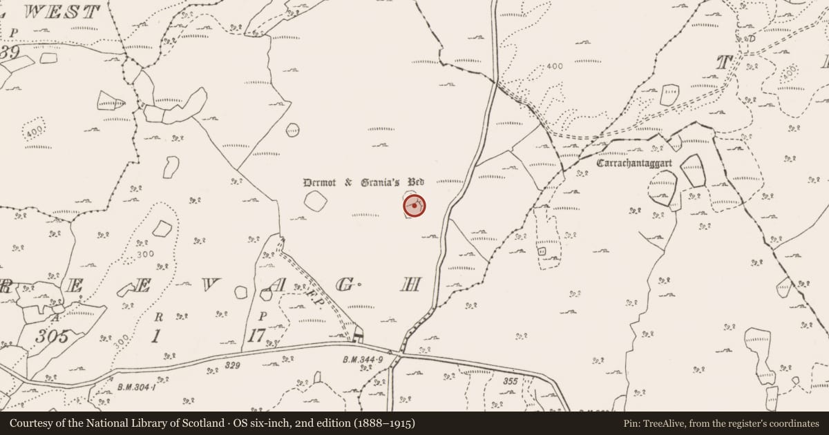 Ordnance Survey six-inch map, 2nd edition (1888–1915) covering the location of Hut site, Creevagh, County Clare, with a pin at the register's coordinates