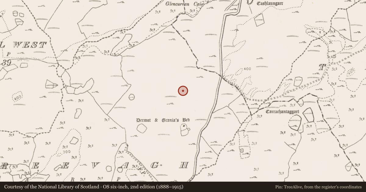 Ordnance Survey six-inch map, 2nd edition (1888–1915) covering the location of Enclosure, Creevagh, County Clare, with a pin at the register's coordinates