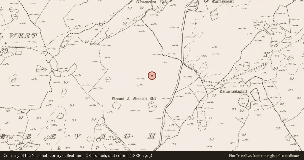 Ordnance Survey six-inch map, 2nd edition (1888–1915) covering the location of Souterrain, Creevagh, County Clare, with a pin at the register's coordinates