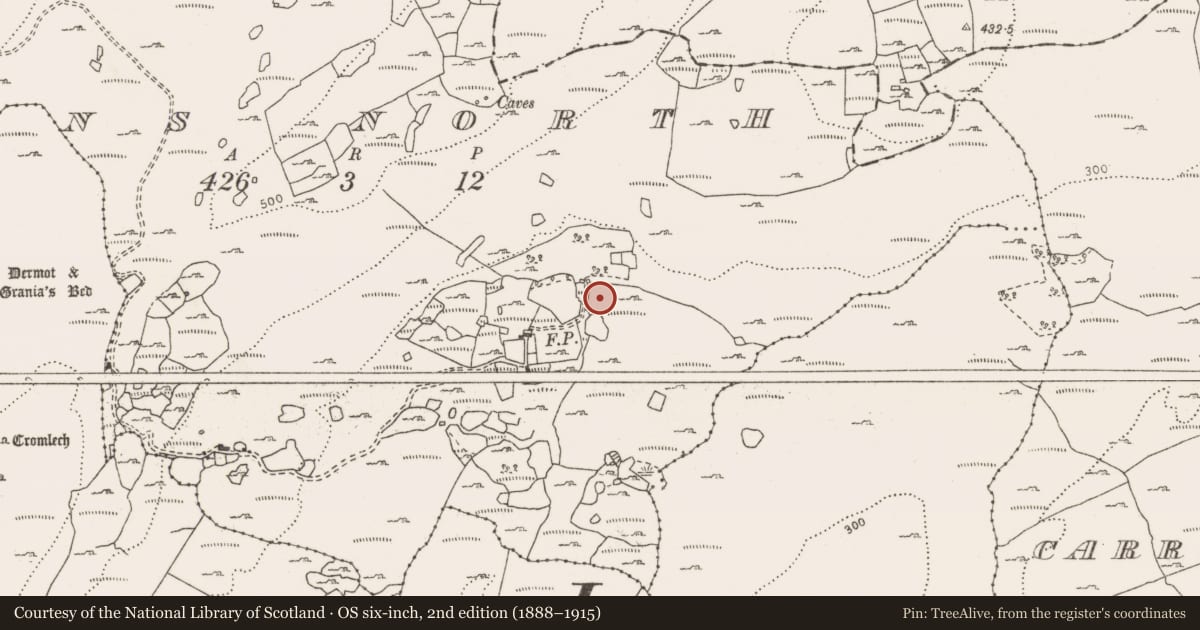 Ordnance Survey six-inch map, 2nd edition (1888–1915) covering the location of Fulacht fia, Commons North, County Clare, with a pin at the register's coordinates