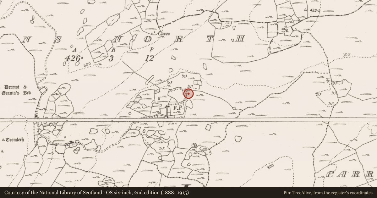 Ordnance Survey six-inch map, 2nd edition (1888–1915) covering the location of Fulacht fia, Commons North, County Clare, with a pin at the register's coordinates
