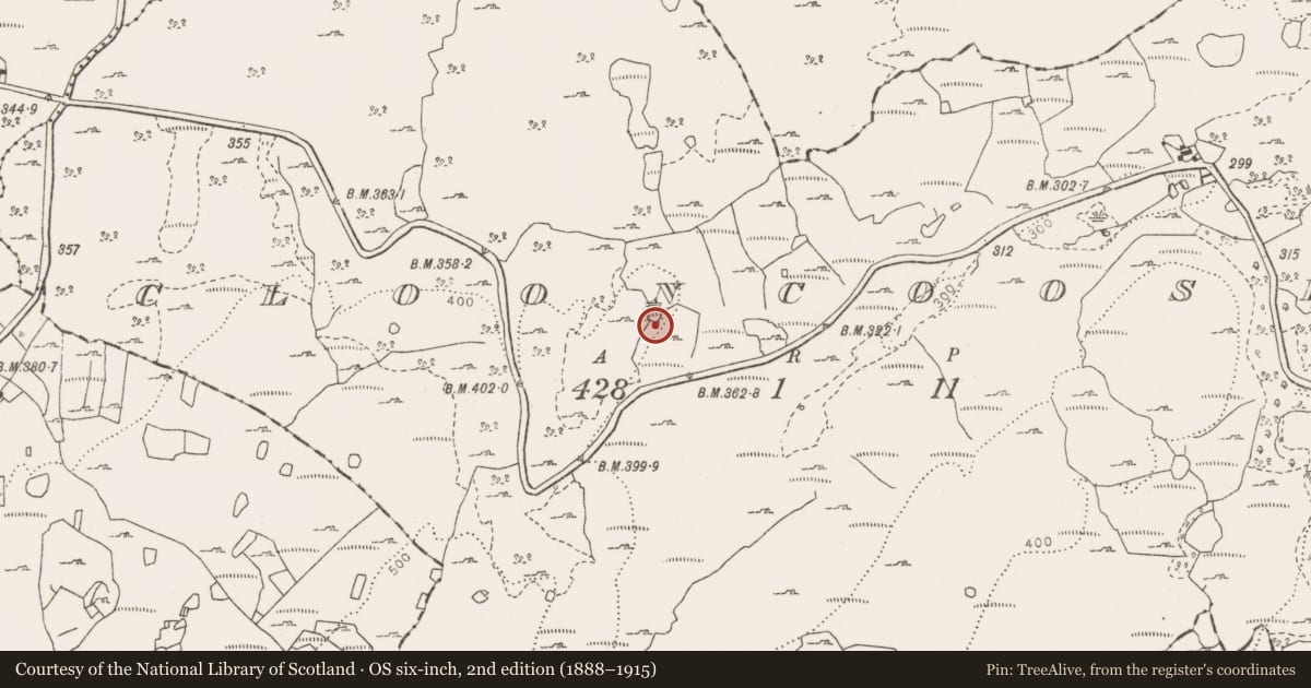 Ordnance Survey six-inch map, 2nd edition (1888–1915) covering the location of Hut site, Clooncoose, County Clare, with a pin at the register's coordinates