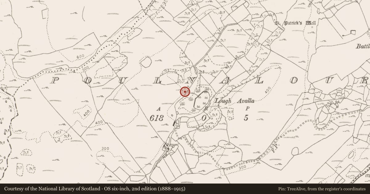 Ordnance Survey six-inch map, 2nd edition (1888–1915) covering the location of Fulacht fia, Poulnalour, County Clare, with a pin at the register's coordinates
