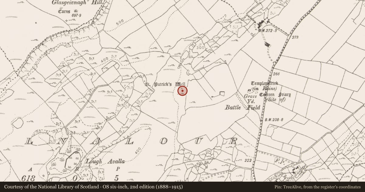 Ordnance Survey six-inch map, 2nd edition (1888–1915) covering the location of Ritual site - holy well, Poulnalour, County Clare, with a pin at the register's coordinates
