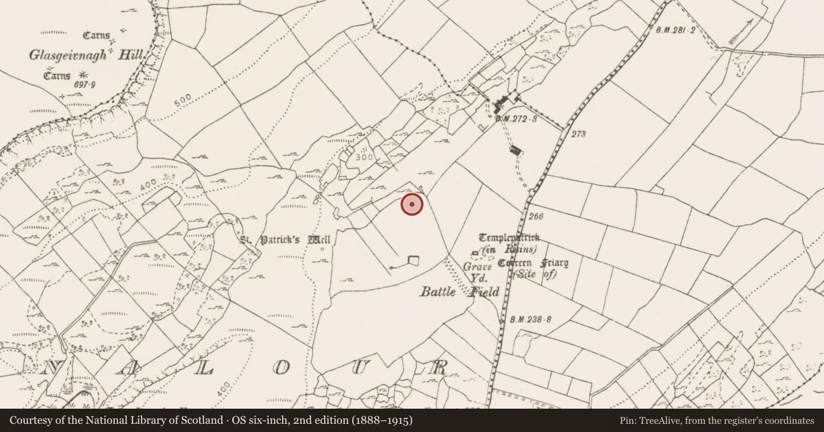 Ordnance Survey six-inch map, 2nd edition (1888–1915) covering the location of Fulacht fia, Poulnalour, County Clare, with a pin at the register's coordinates
