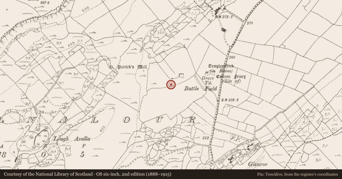 Ordnance Survey six-inch map, 2nd edition (1888–1915) covering the location of Fulacht fia, Poulnalour, County Clare, with a pin at the register's coordinates