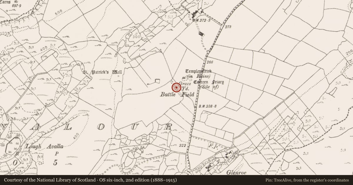 Ordnance Survey six-inch map, 2nd edition (1888–1915) covering the location of Ecclesiastical enclosure, Glenquin, Poulnalour, County Clare, with a pin at the register's coordinates
