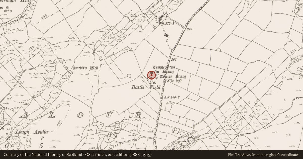 Ordnance Survey six-inch map, 2nd edition (1888–1915) covering the location of Church, Poulnalour, County Clare, with a pin at the register's coordinates