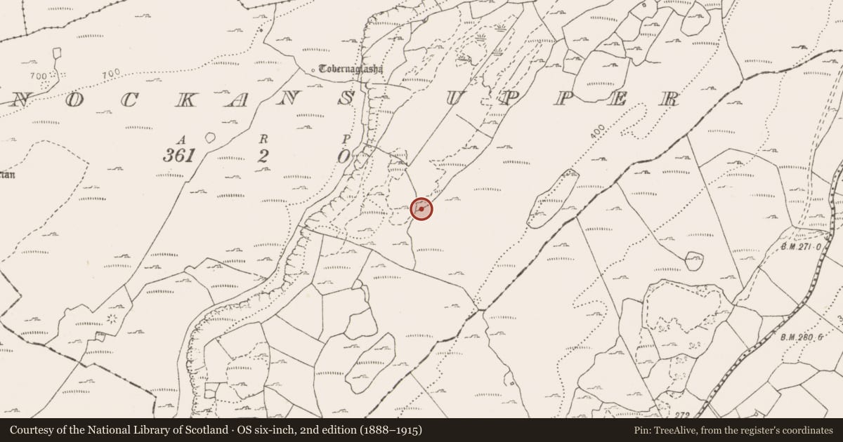Ordnance Survey six-inch map, 2nd edition (1888–1915) covering the location of Fulacht fia, Knockans Upper, County Clare, with a pin at the register's coordinates