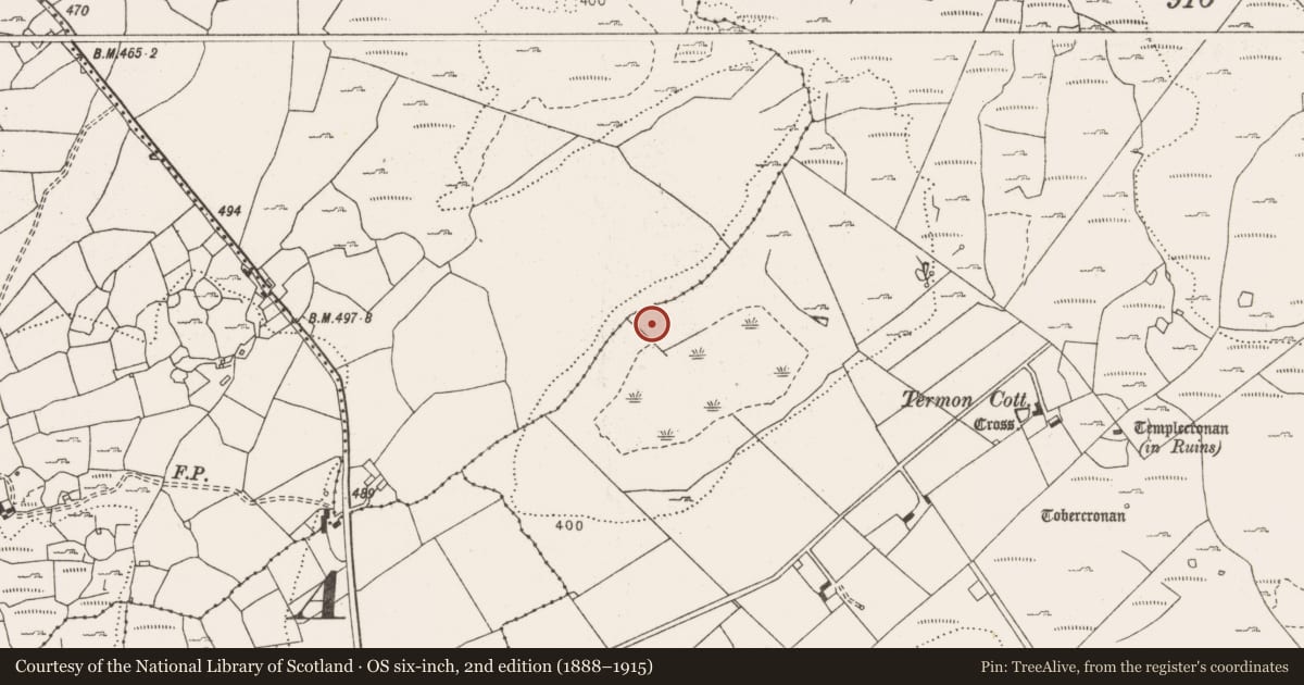 Ordnance Survey six-inch map, 2nd edition (1888–1915) covering the location of Fulacht fia, Termon, County Clare, with a pin at the register's coordinates