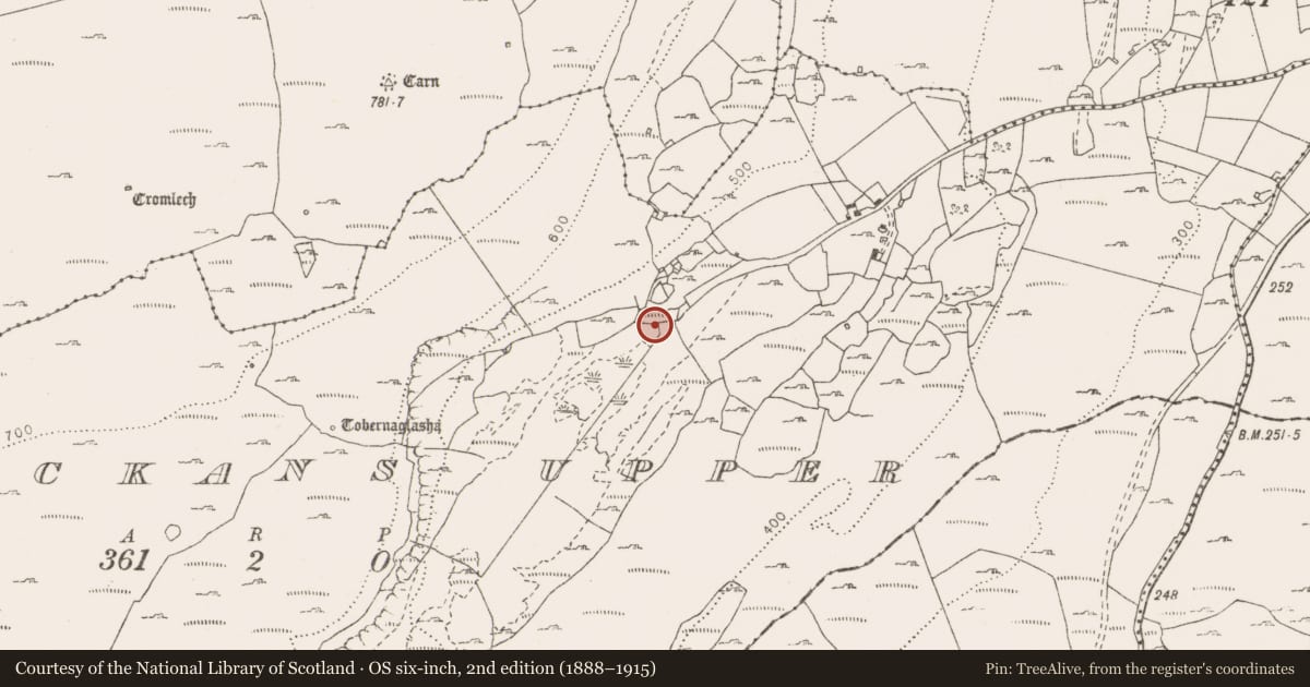 Ordnance Survey six-inch map, 2nd edition (1888–1915) covering the location of Fulacht fia, Knockans Upper, County Clare, with a pin at the register's coordinates