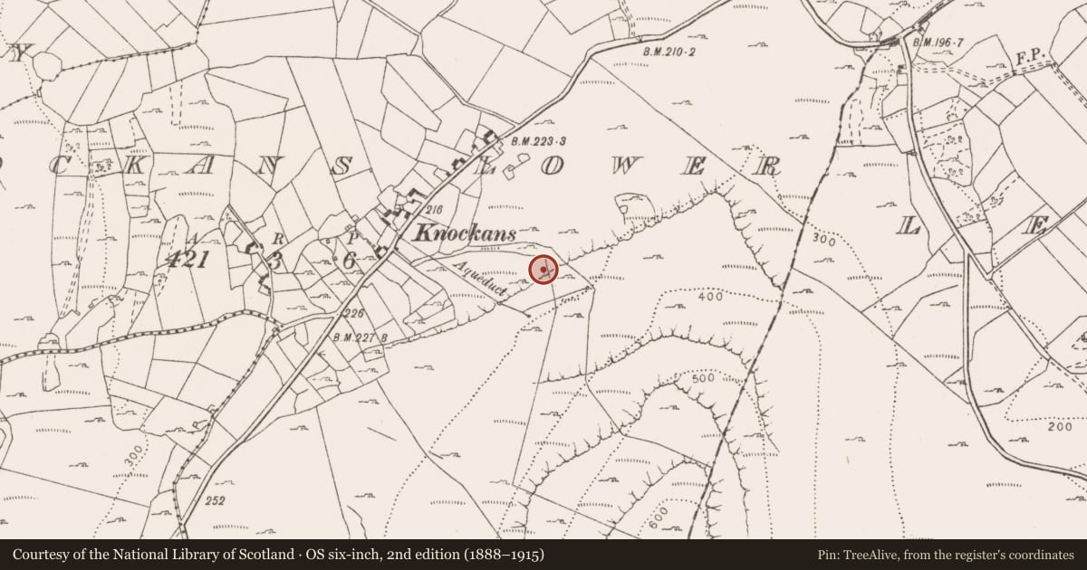 Ordnance Survey six-inch map, 2nd edition (1888–1915) covering the location of Fulacht fia, Knockans Lower, County Clare, with a pin at the register's coordinates