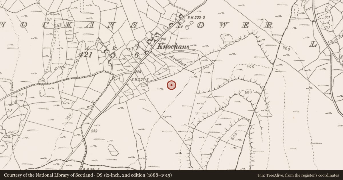 Ordnance Survey six-inch map, 2nd edition (1888–1915) covering the location of Fulacht fia, Knockans Lower, County Clare, with a pin at the register's coordinates