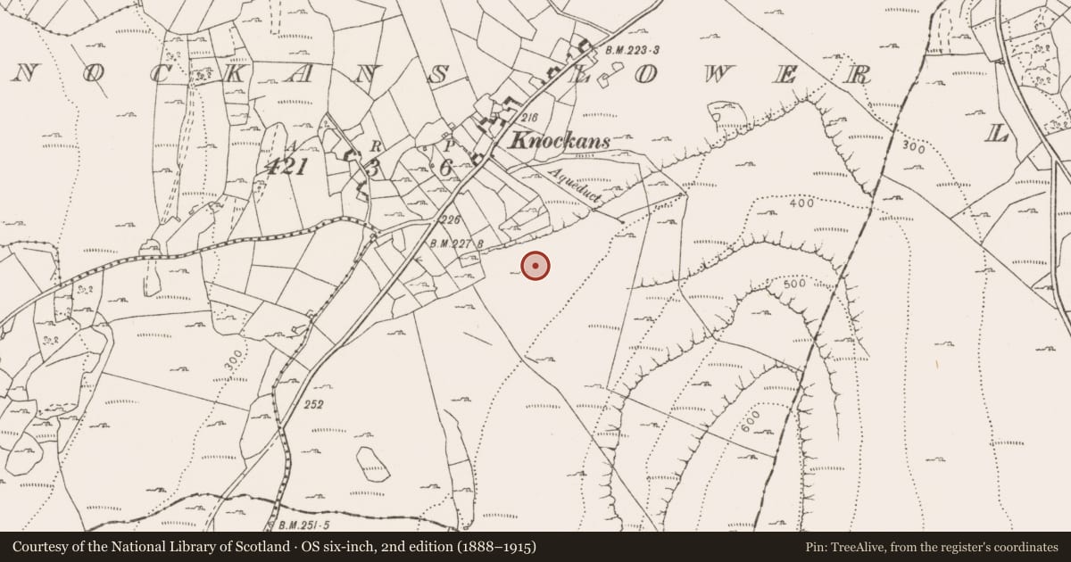 Ordnance Survey six-inch map, 2nd edition (1888–1915) covering the location of Fulacht fia, Knockans Lower, County Clare, with a pin at the register's coordinates