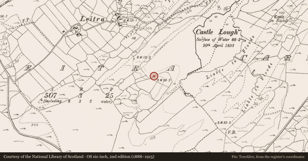 Ordnance Survey six-inch map, 2nd edition (1888–1915) covering the location of Fulacht fia, Leitra, County Clare, with a pin at the register's coordinates
