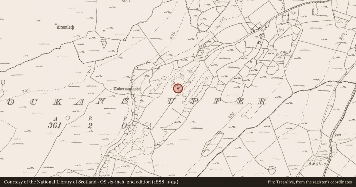 Ordnance Survey six-inch map, 2nd edition (1888–1915) covering the location of Fulacht fia, Knockans Upper, County Clare, with a pin at the register's coordinates