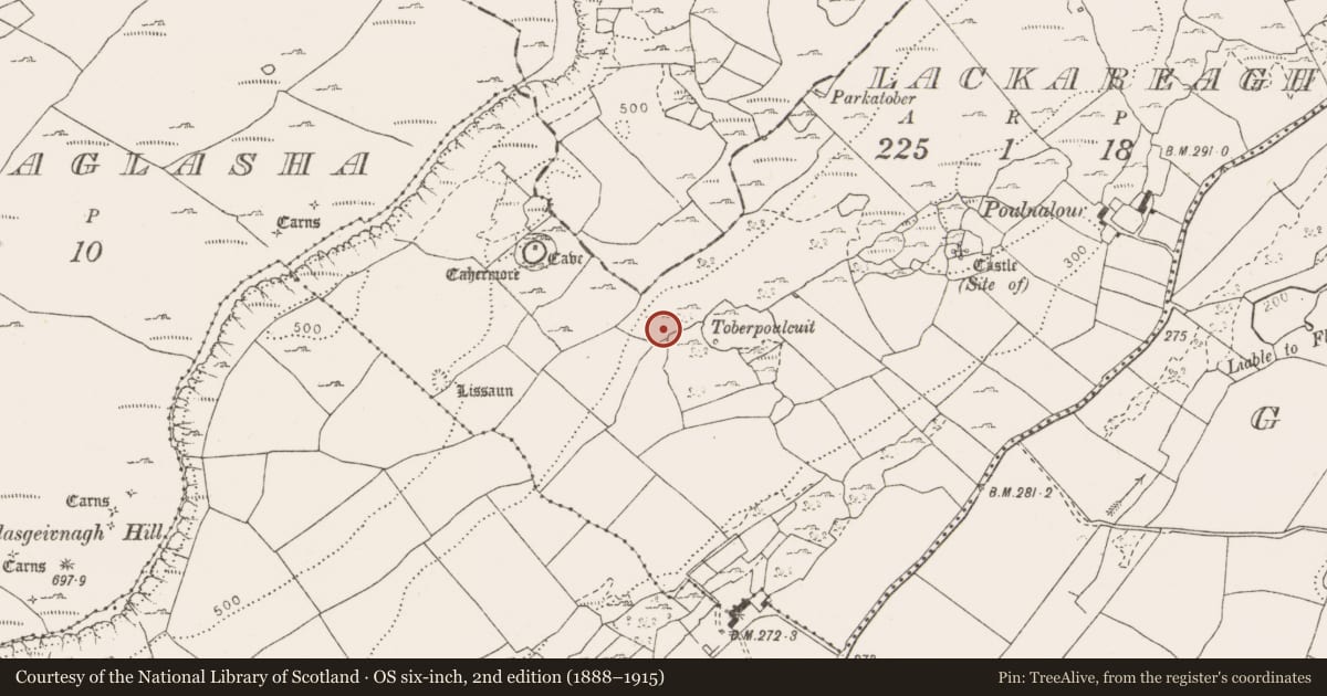 Ordnance Survey six-inch map, 2nd edition (1888–1915) covering the location of Fulacht fia, Lackareagh, County Clare, with a pin at the register's coordinates