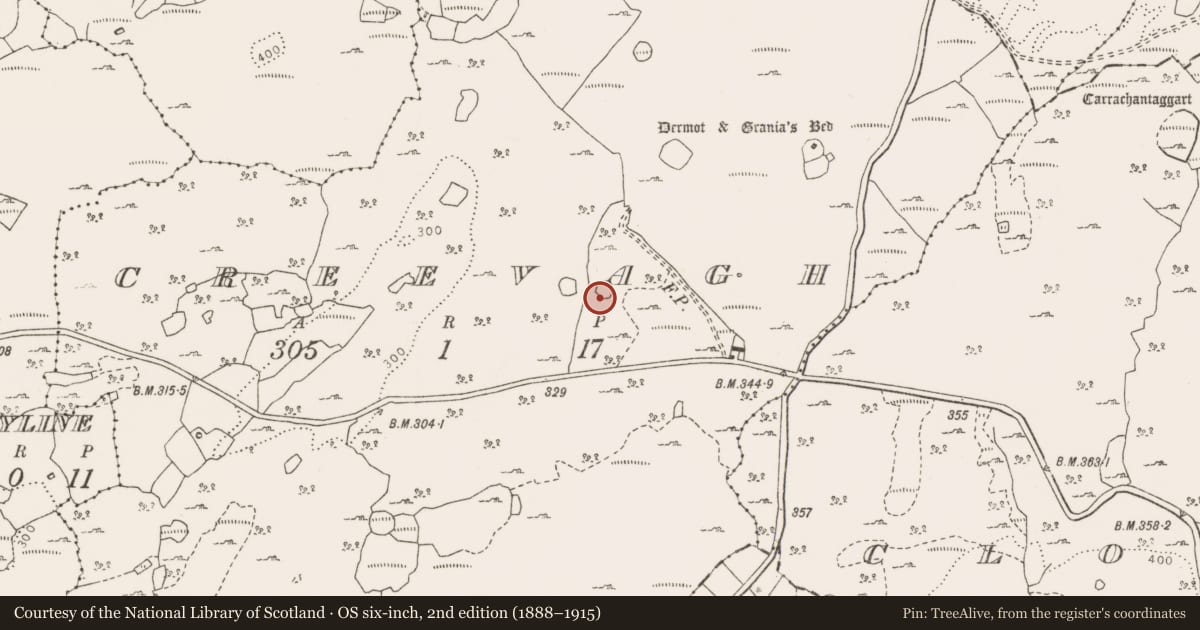 Ordnance Survey six-inch map, 2nd edition (1888–1915) covering the location of Enclosure, Creevagh, County Clare, with a pin at the register's coordinates