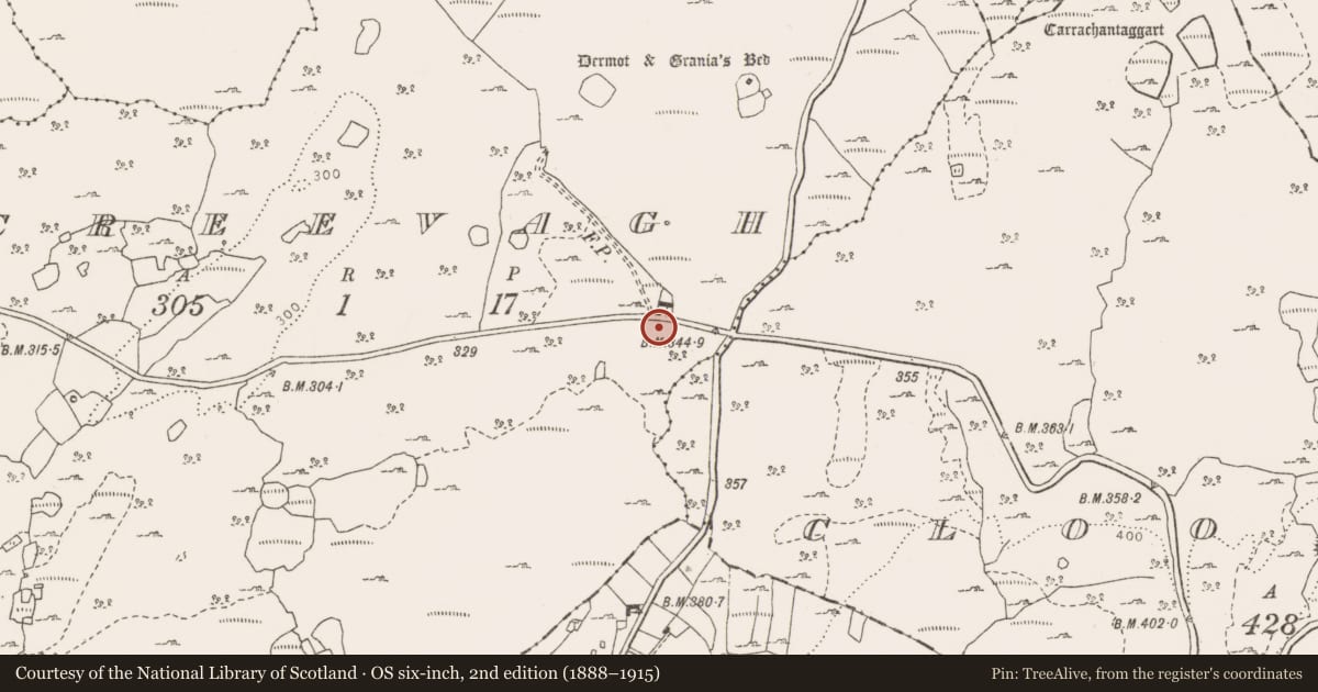 Ordnance Survey six-inch map, 2nd edition (1888–1915) covering the location of Enclosure, Creevagh, County Clare, with a pin at the register's coordinates