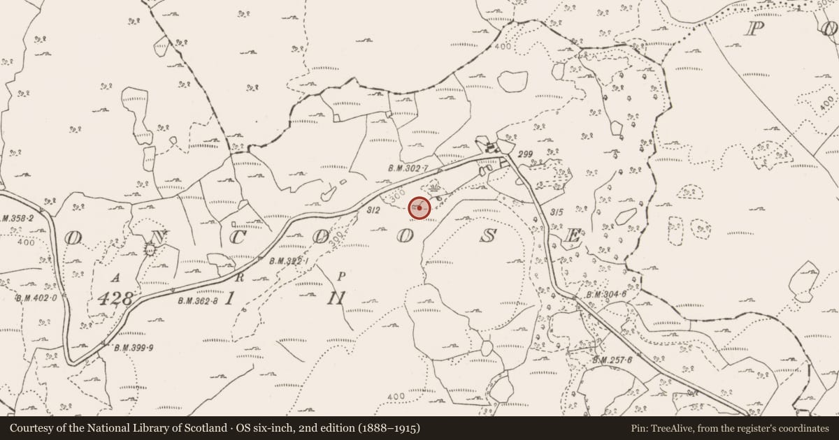 Ordnance Survey six-inch map, 2nd edition (1888–1915) covering the location of Fulacht fia, Clooncoose, County Clare, with a pin at the register's coordinates