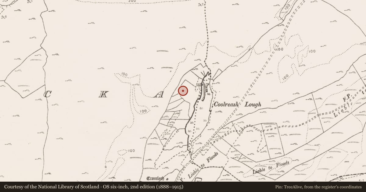 Ordnance Survey six-inch map, 2nd edition (1888–1915) covering the location of Fulacht fia, Gortlecka, County Clare, with a pin at the register's coordinates