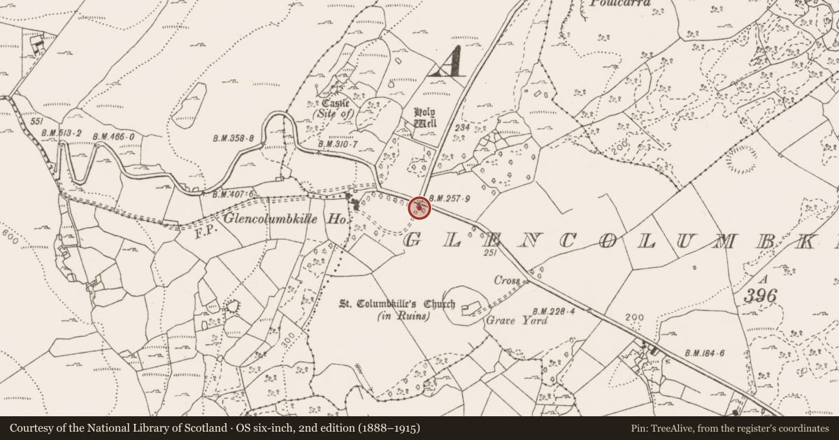 Ordnance Survey six-inch map, 2nd edition (1888–1915) covering the location of Architectural fragment, Glencolumbkille South, County Clare, with a pin at the register's coordinates