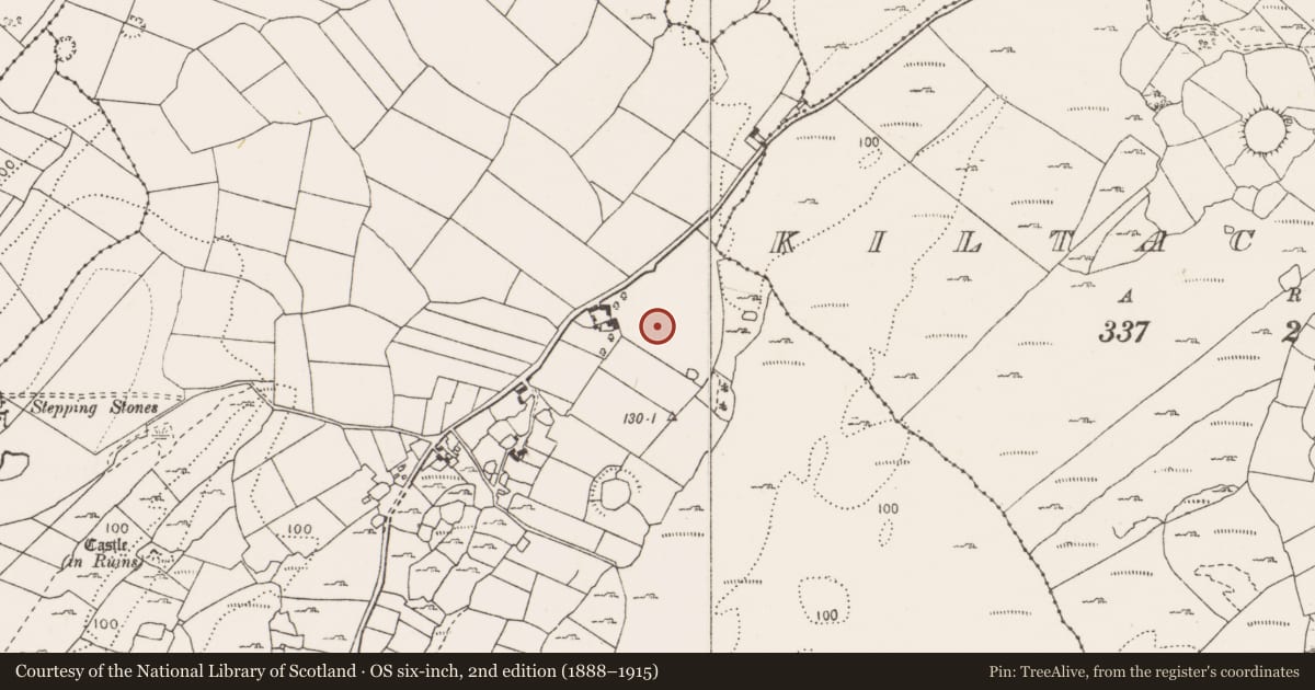Ordnance Survey six-inch map, 2nd edition (1888–1915) covering the location of Standing stone, Carrownagoul, County Clare, with a pin at the register's coordinates
