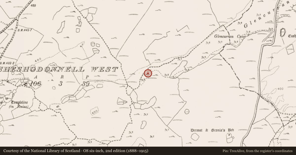 Ordnance Survey six-inch map, 2nd edition (1888–1915) covering the location of Fulacht fia, Creevagh, County Clare, with a pin at the register's coordinates