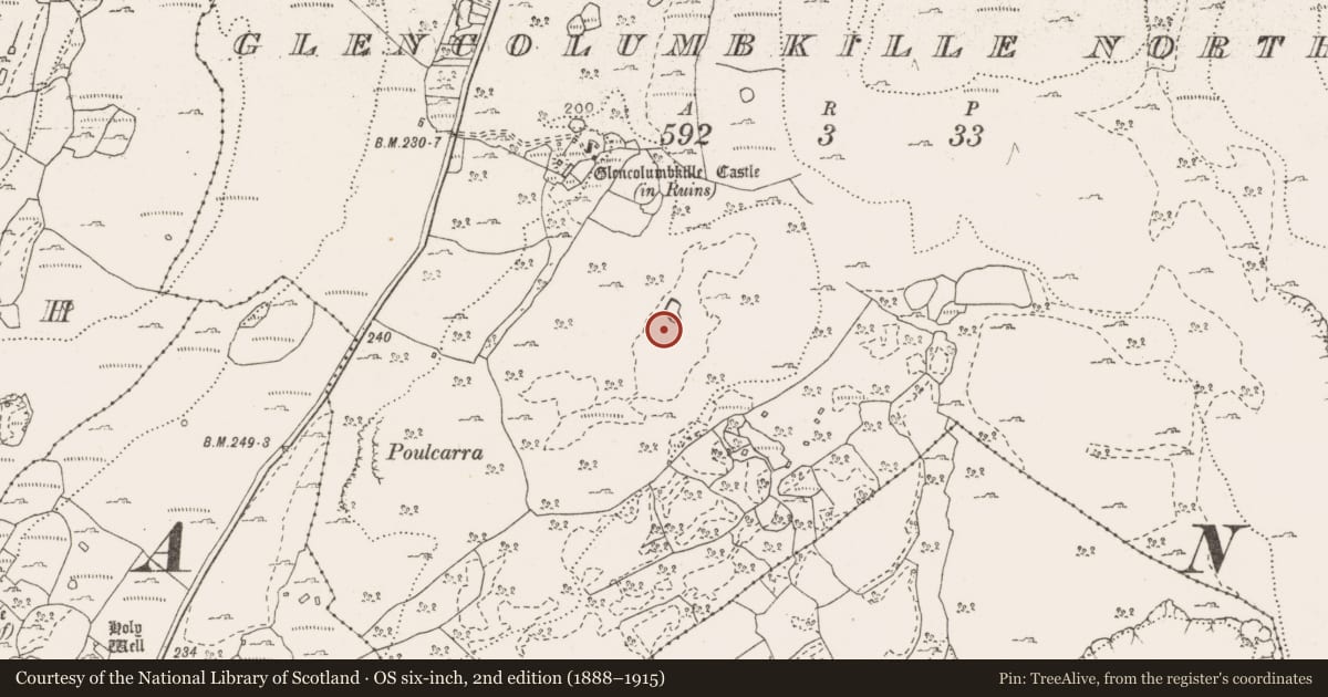 Ordnance Survey six-inch map, 2nd edition (1888–1915) covering the location of Fulacht fia, Glencolumbkille North, County Clare, with a pin at the register's coordinates