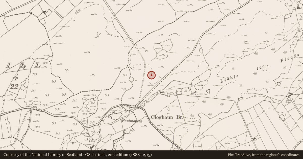 Ordnance Survey six-inch map, 2nd edition (1888–1915) covering the location of Fulacht fia, Fahee North, County Clare, with a pin at the register's coordinates