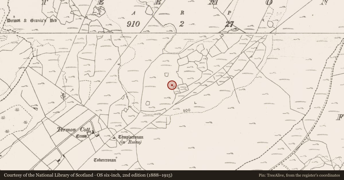 Ordnance Survey six-inch map, 2nd edition (1888–1915) covering the location of Hut site, Termon, County Clare, with a pin at the register's coordinates