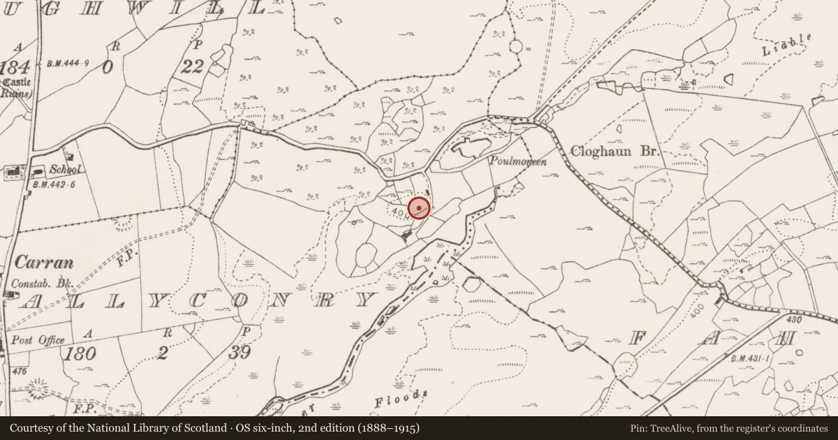 Ordnance Survey six-inch map, 2nd edition (1888–1915) covering the location of Ringfort - rath, Ballyconry, County Clare, with a pin at the register's coordinates