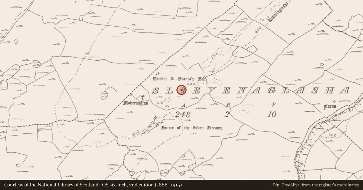 Ordnance Survey six-inch map, 2nd edition (1888–1915) covering the location of Enclosure, Slievenaglasha, County Clare, with a pin at the register's coordinates