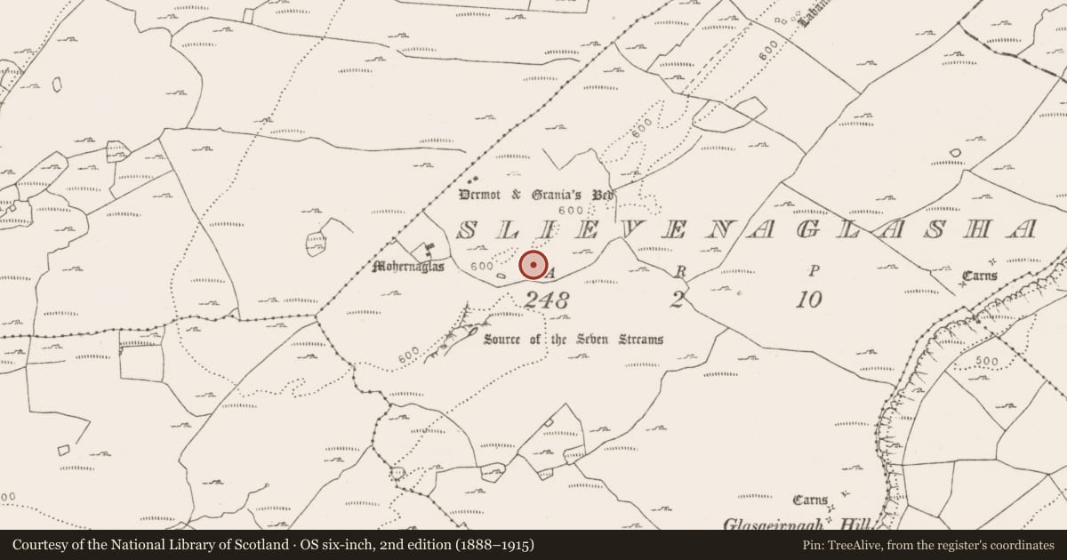 Ordnance Survey six-inch map, 2nd edition (1888–1915) covering the location of Hut site, Slievenaglasha, County Clare, with a pin at the register's coordinates