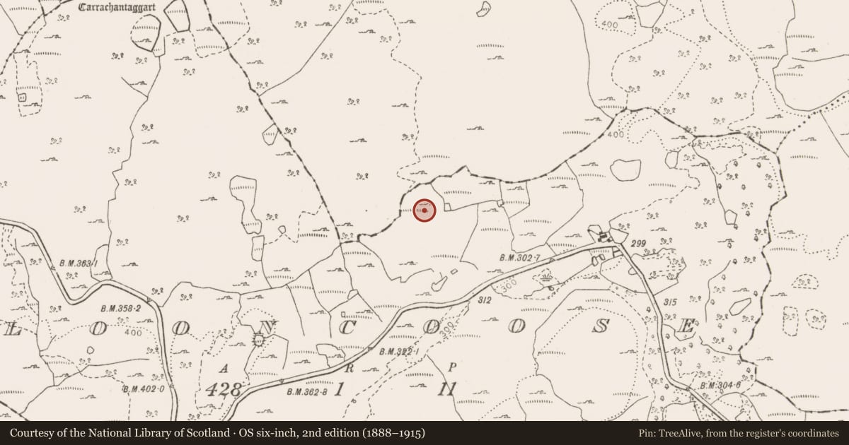 Ordnance Survey six-inch map, 2nd edition (1888–1915) covering the location of Enclosure, Clooncoose, Teeskagh, County Clare, with a pin at the register's coordinates
