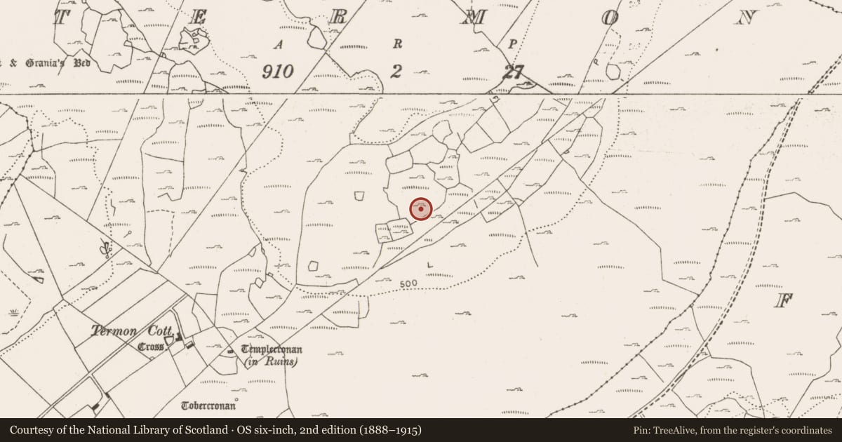 Ordnance Survey six-inch map, 2nd edition (1888–1915) covering the location of Enclosure, Termon, County Clare, with a pin at the register's coordinates