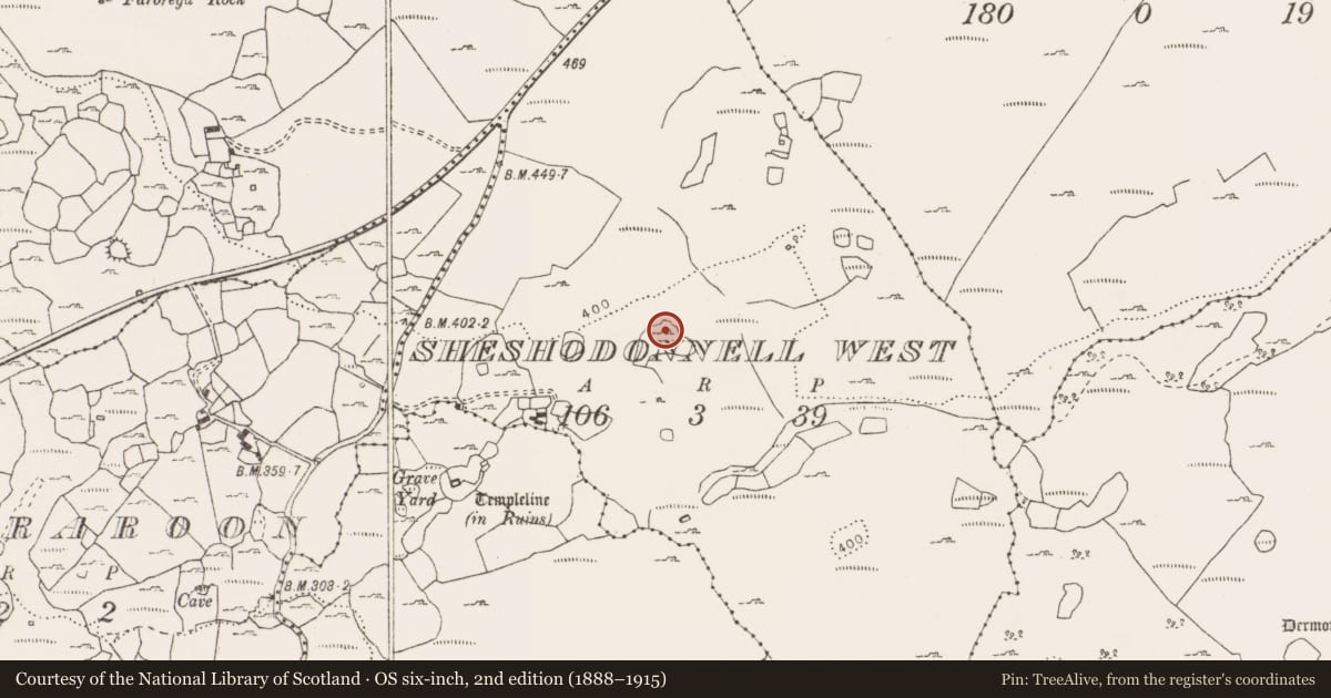 Ordnance Survey six-inch map, 2nd edition (1888–1915) covering the location of Enclosure, Sheshodonnell West, County Clare, with a pin at the register's coordinates