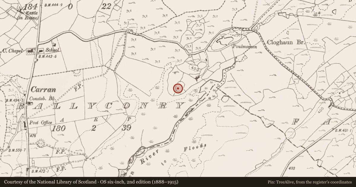 Ordnance Survey six-inch map, 2nd edition (1888–1915) covering the location of Enclosure, Ballyconry, County Clare, with a pin at the register's coordinates