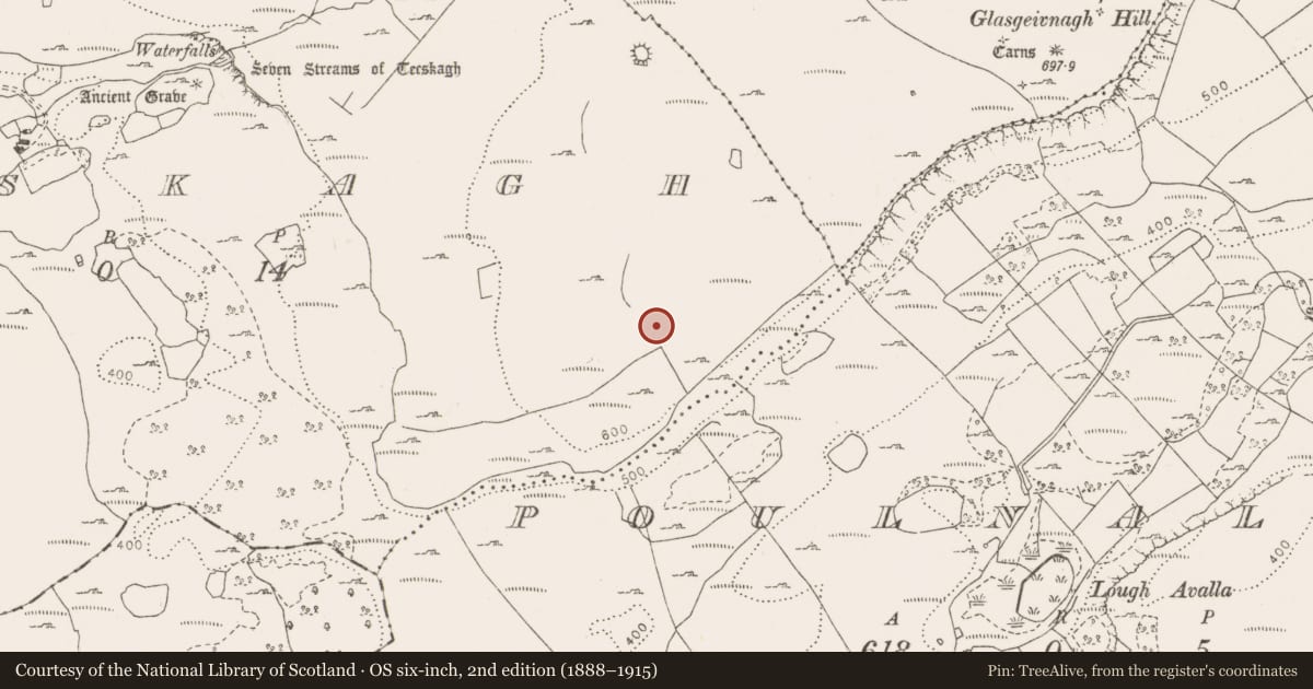 Ordnance Survey six-inch map, 2nd edition (1888–1915) covering the location of Hut site, Teeskagh, County Clare, with a pin at the register's coordinates