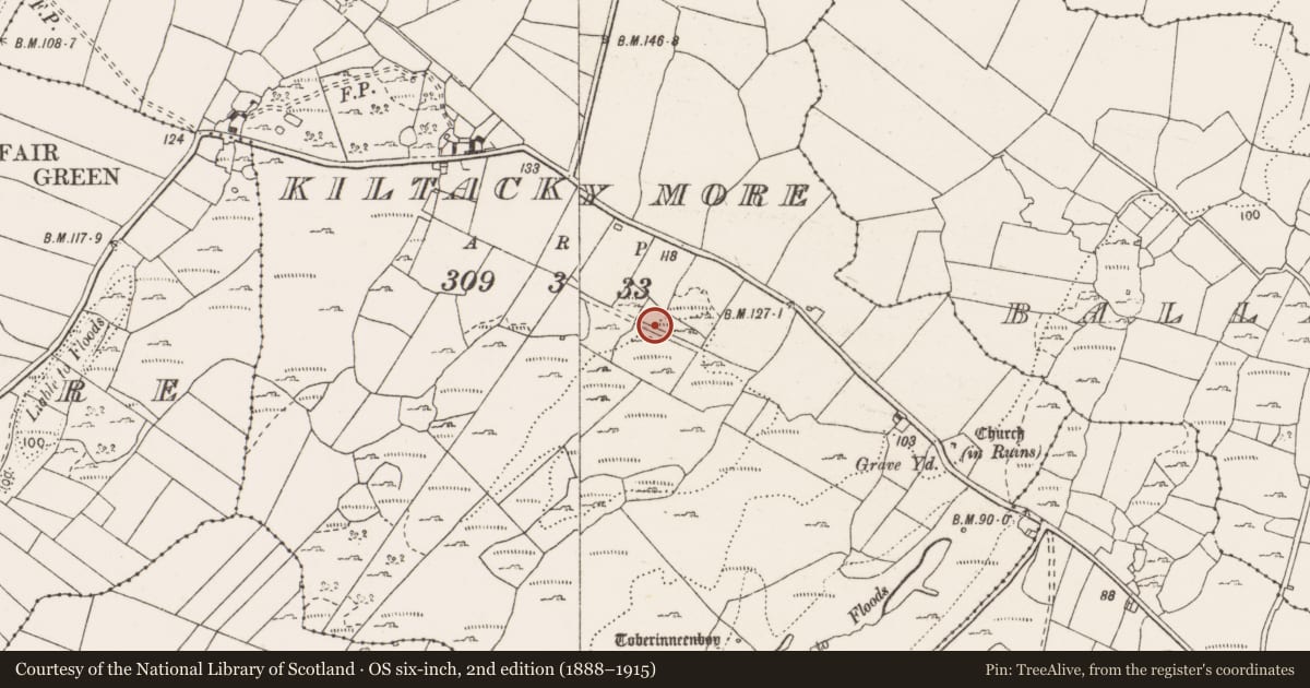 Ordnance Survey six-inch map, 2nd edition (1888–1915) covering the location of Road - road/trackway, Kiltacky More, County Clare, with a pin at the register's coordinates