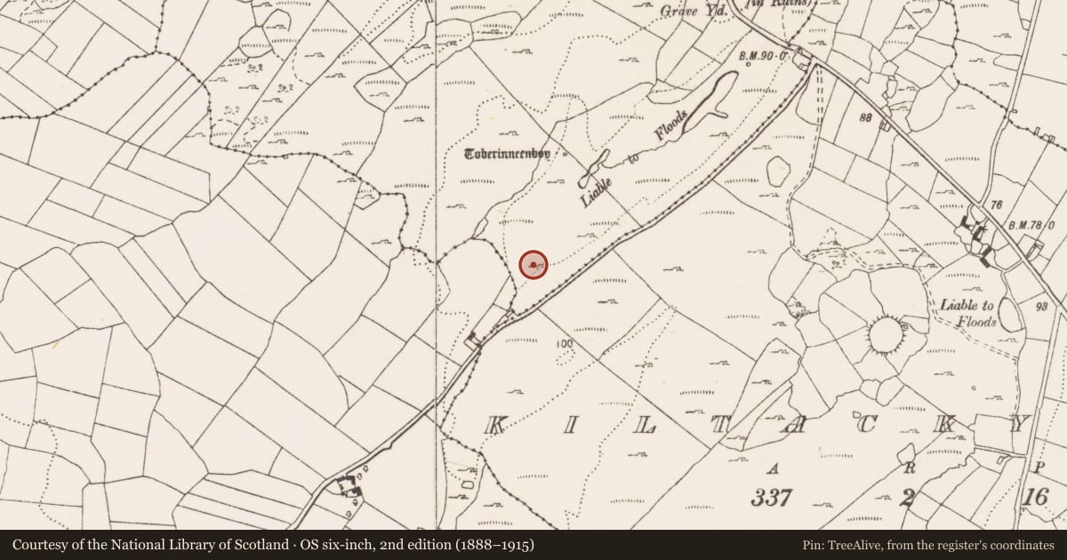 Ordnance Survey six-inch map, 2nd edition (1888–1915) covering the location of Fulacht fia, Kiltacky More, County Clare, with a pin at the register's coordinates