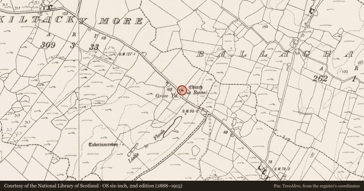 Ordnance Survey six-inch map, 2nd edition (1888–1915) covering the location of Church, Kiltacky More, County Clare, with a pin at the register's coordinates