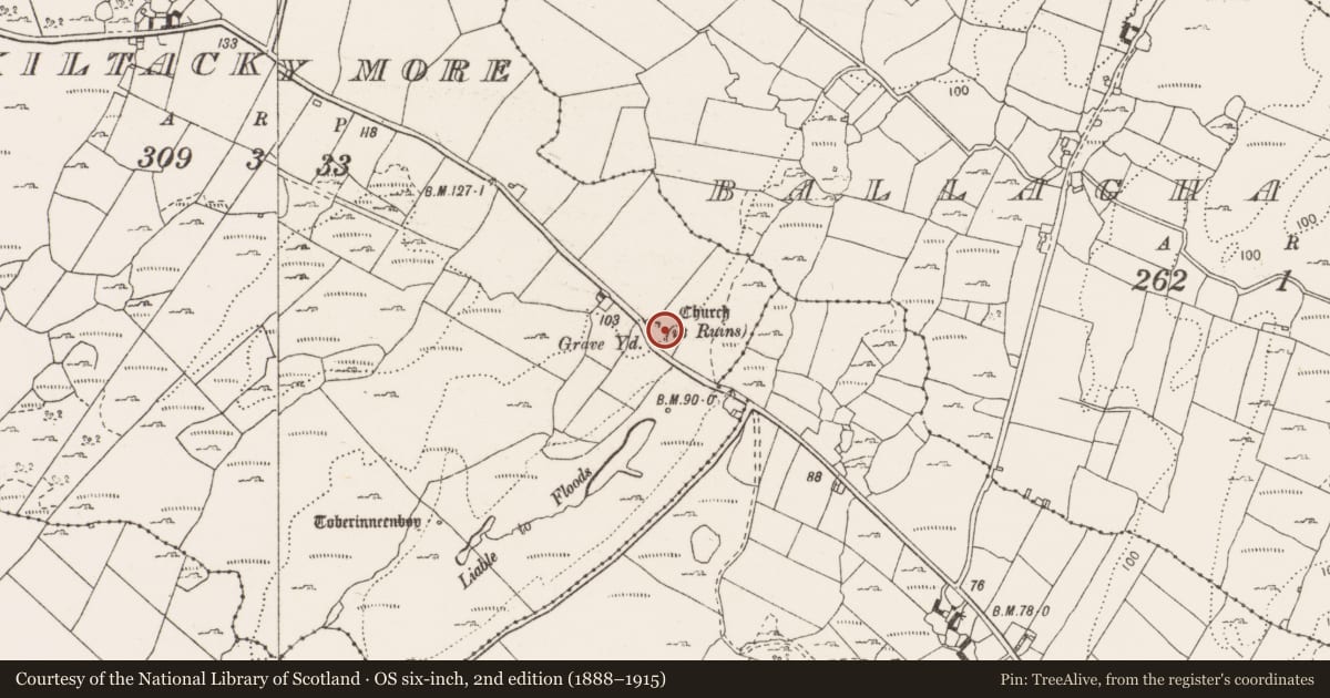 Ordnance Survey six-inch map, 2nd edition (1888–1915) covering the location of Graveyard, Kiltacky More, County Clare, with a pin at the register's coordinates