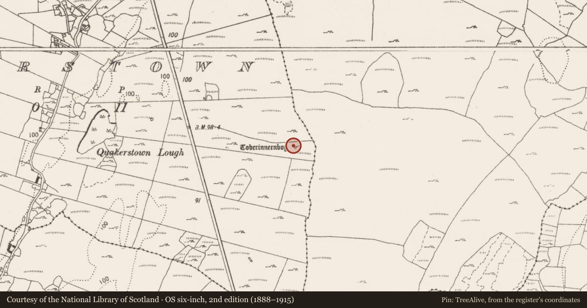 Ordnance Survey six-inch map, 2nd edition (1888–1915) covering the location of Ritual site - holy well, Quakerstown, County Clare, with a pin at the register's coordinates