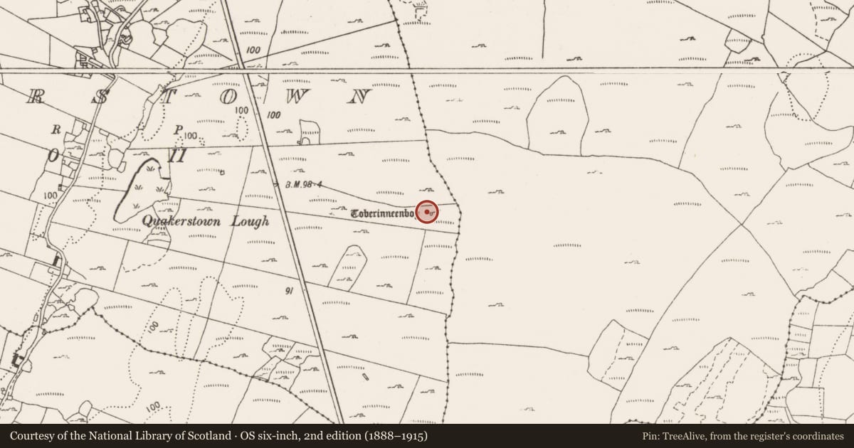 Ordnance Survey six-inch map, 2nd edition (1888–1915) covering the location of Penitential station, Quakerstown, County Clare, with a pin at the register's coordinates