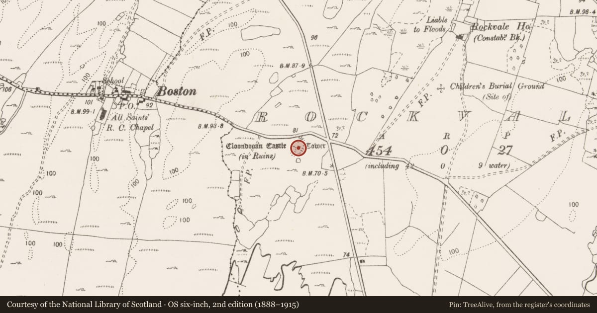 Ordnance Survey six-inch map, 2nd edition (1888–1915) covering the location of Bawn, Rockvale, County Clare, with a pin at the register's coordinates