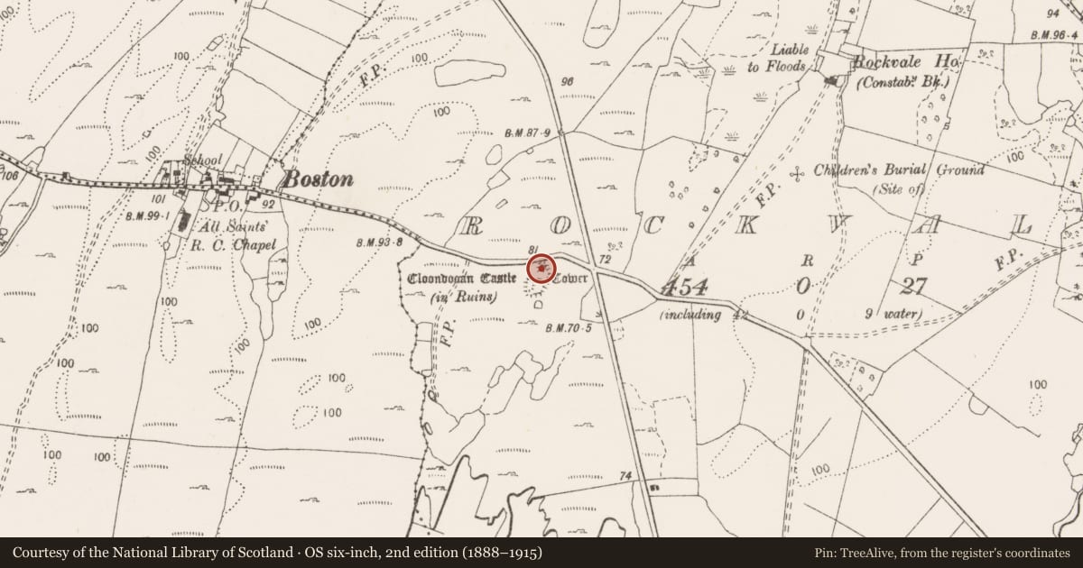 Ordnance Survey six-inch map, 2nd edition (1888–1915) covering the location of Castle - tower house, Rockvale, County Clare, with a pin at the register's coordinates