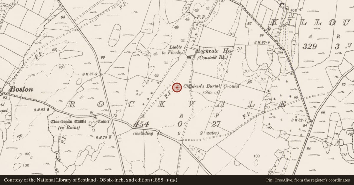 Ordnance Survey six-inch map, 2nd edition (1888–1915) covering the location of Children's burial ground, Rockvale, County Clare, with a pin at the register's coordinates